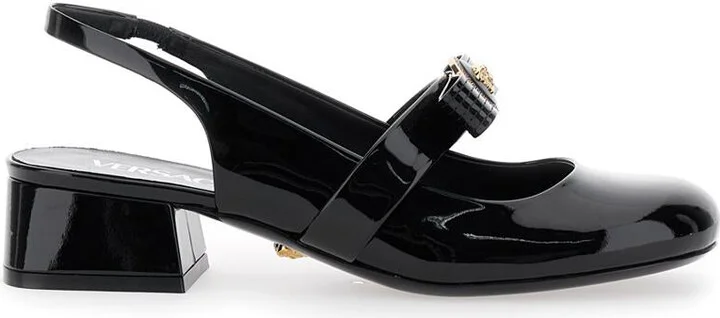 Black Ballerina Shoes With Heel And Medusa Detail On The Front In Shiny Leather Woman