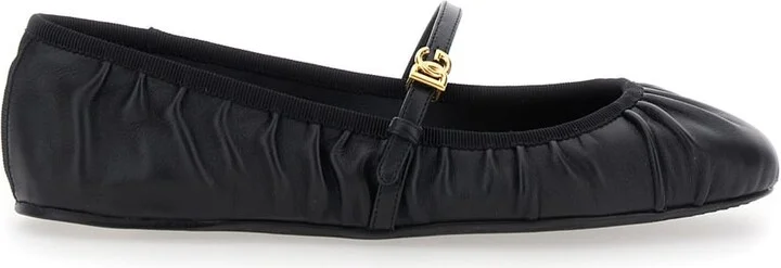 Black Ballerinas With Metallic Logo And Strap In Leather Woman