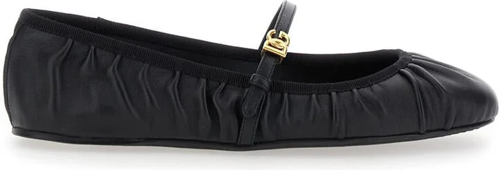 Black Ballerinas With Metallic Logo And Strap In Leather Woman
