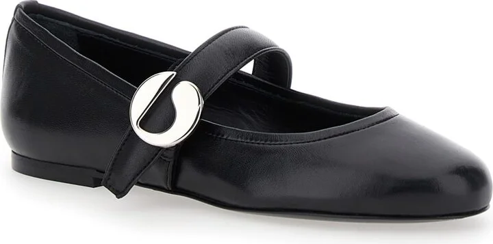 Black Ballerinas With Metallic Logo And Strap In Smooth Leather Woman - Image 2