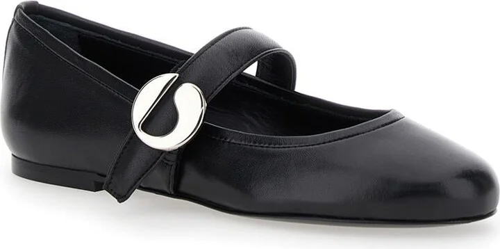 Black Ballerinas With Metallic Logo And Strap In Smooth Leather Woman - Image 2