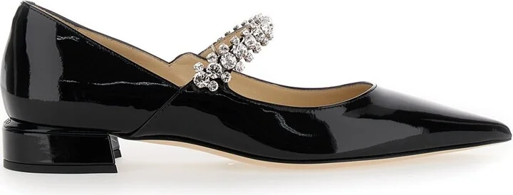 Black Ballet Flats With Crystals On Strap In Patent Leather Woman