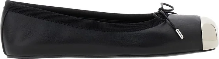 Black Ballet Flats With Metallic Toe In Smooth Leather Woman