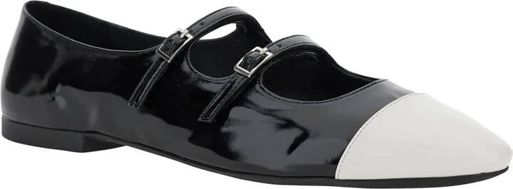 Black Ballet Shoes With Double Buckle And Stacked Heel In Patent Leather Woman - Image 2
