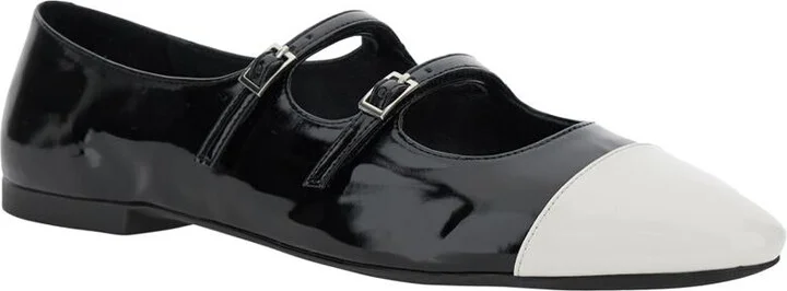 Black Ballet Shoes With Double Buckle And Stacked Heel In Patent Leather Woman - Image 2