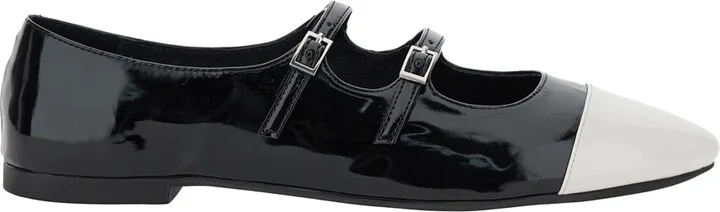 Black Ballet Shoes With Double Buckle And Stacked Heel In Patent Leather Woman