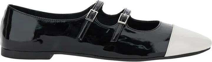Black Ballet Shoes With Double Buckle And Stacked Heel In Patent Leather Woman