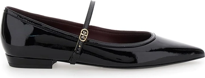 Black Ballet Shoes With Pointed Toe And Double T Motif In Patent Leather Woman