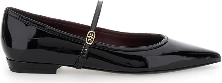 Black Ballet Shoes With Pointed Toe And Double T Motif In Patent Leather Woman