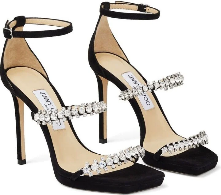 Black Bing Sandals With Crustal Embellishment In Leather Woman - Image 2