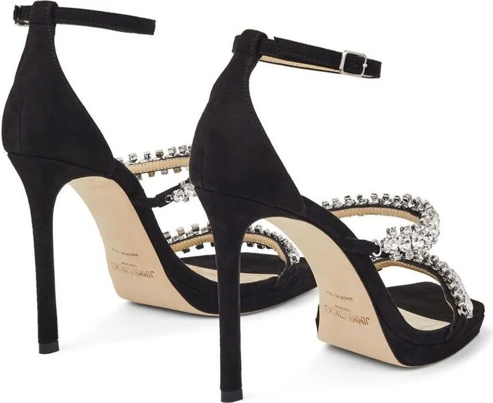 Black Bing Sandals With Crustal Embellishment In Leather Woman - Image 3