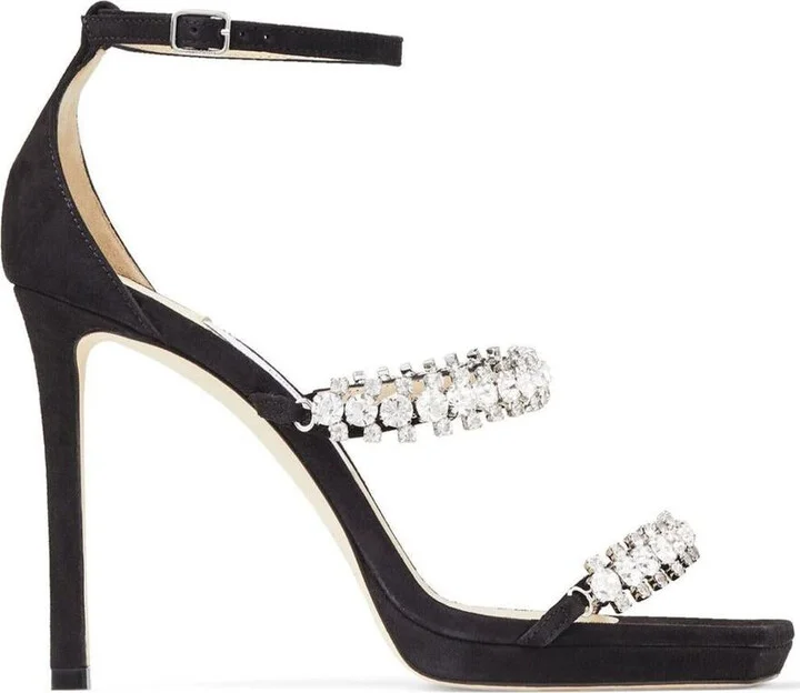 Black Bing Sandals With Crustal Embellishment In Leather Woman