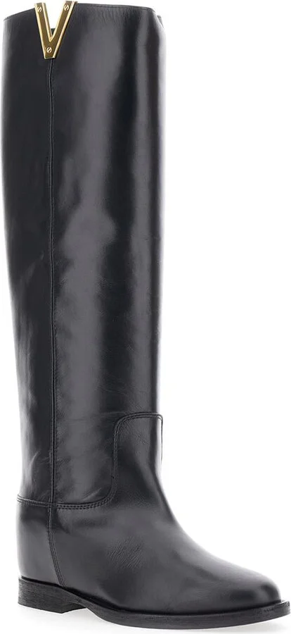 Black Boots With Cut-Out Detail On The Side And Logo Plaque In Leather Woman - Image 2