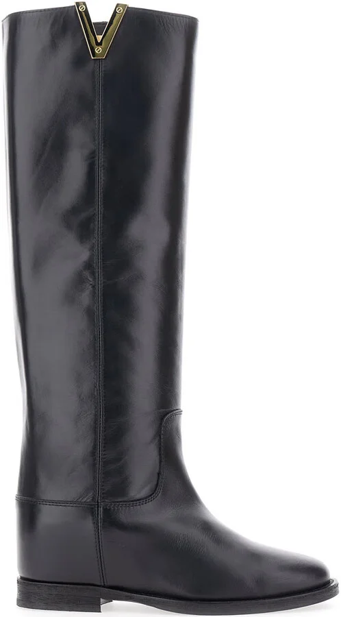 Black Boots With Cut-out Detail On The Side And Logo Plaque In Leather Woman
