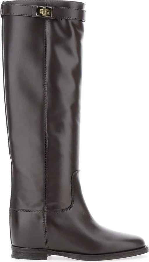 Black Boots With Padlock Detail And Low Block Heel In Leather Woman