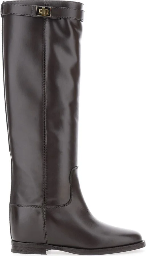Black Boots With Padlock Detail And Low Block Heel In Leather Woman