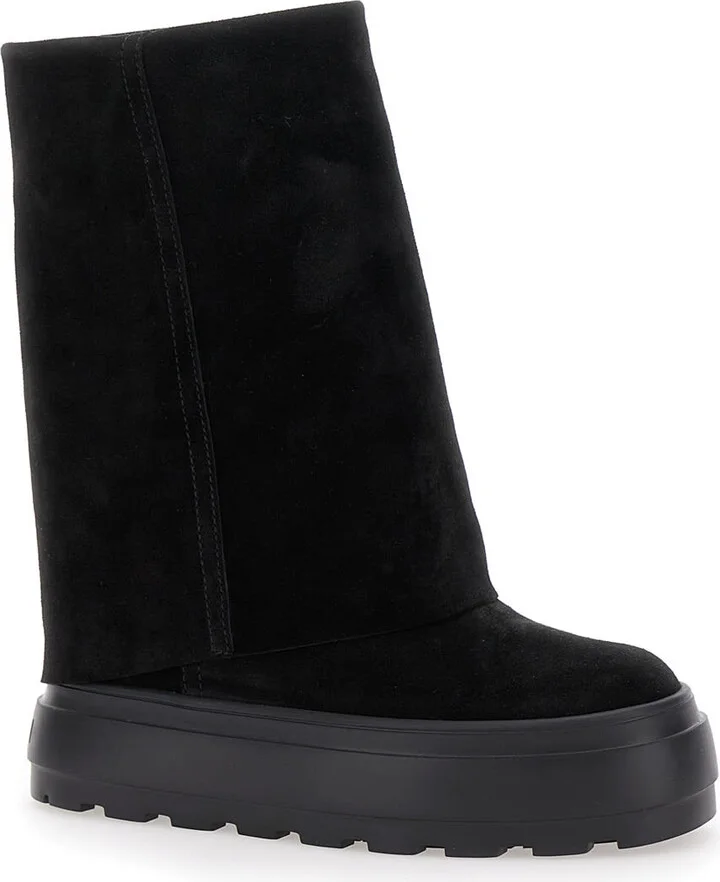 Black Boots With Turn-up With Platform In Suede Woman - Image 2
