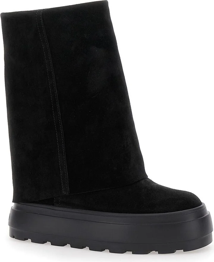 Black Boots With Turn-Up With Platform In Suede Woman - Image 2