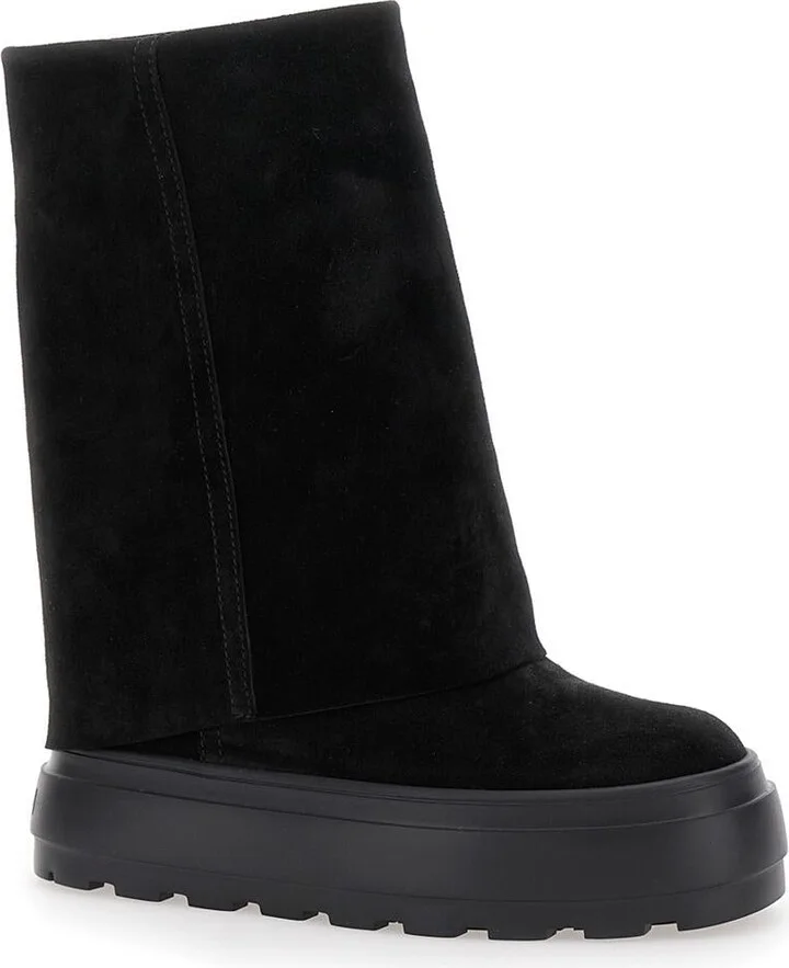 Black Boots With Turn-Up With Platform In Suede Woman - Image 2