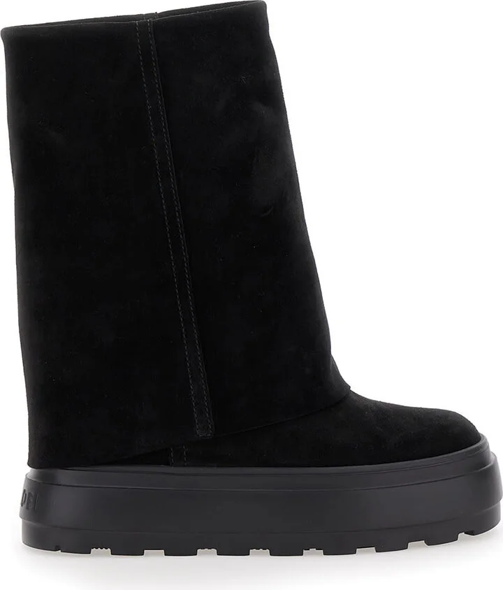 Black Boots With Turn-up With Platform In Suede Woman