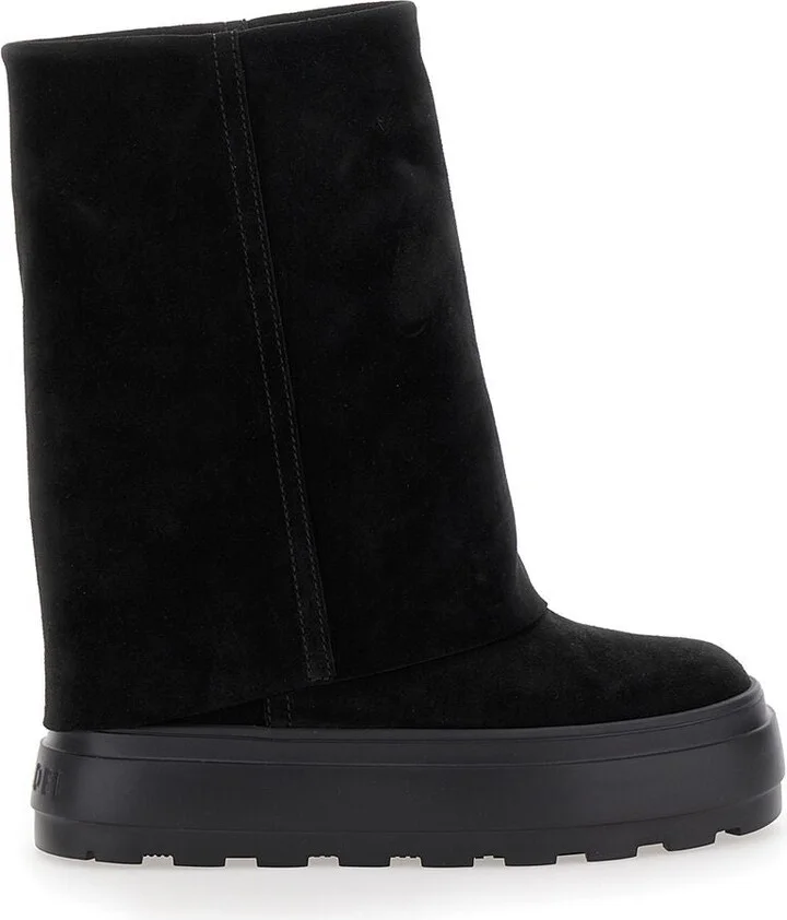 Black Boots With Turn-Up With Platform In Suede Woman
