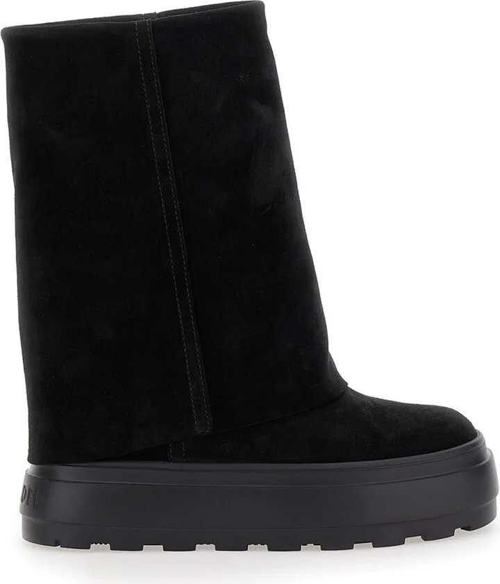Black Boots With Turn-Up With Platform In Suede Woman