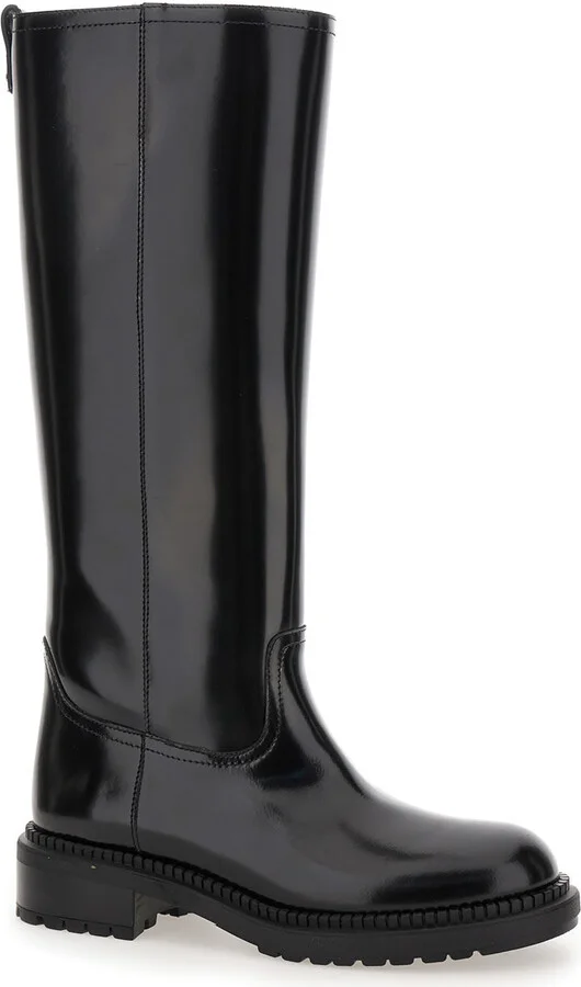 Black Boots With Wide Heel And Zip Closure In Leather Woman - Image 2