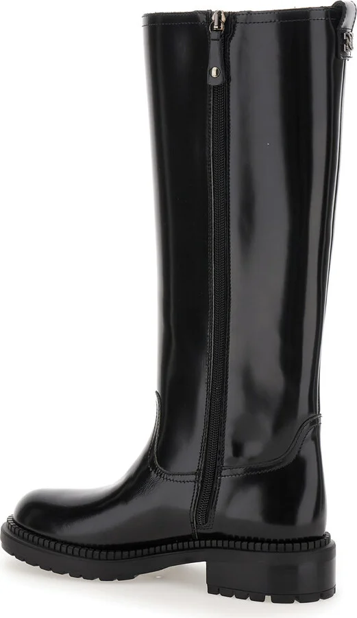Black Boots With Wide Heel And Zip Closure In Leather Woman - Image 3
