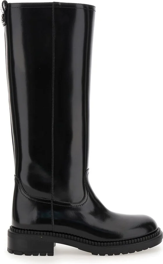 Black Boots With Wide Heel And Zip Closure In Leather Woman