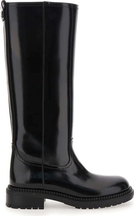 Black Boots With Wide Heel And Zip Closure In Leather Woman