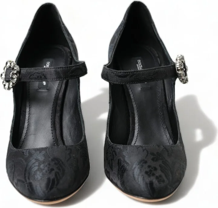 Black Brocade Mary Janes Heels Pumps Women's Shoes - Image 2