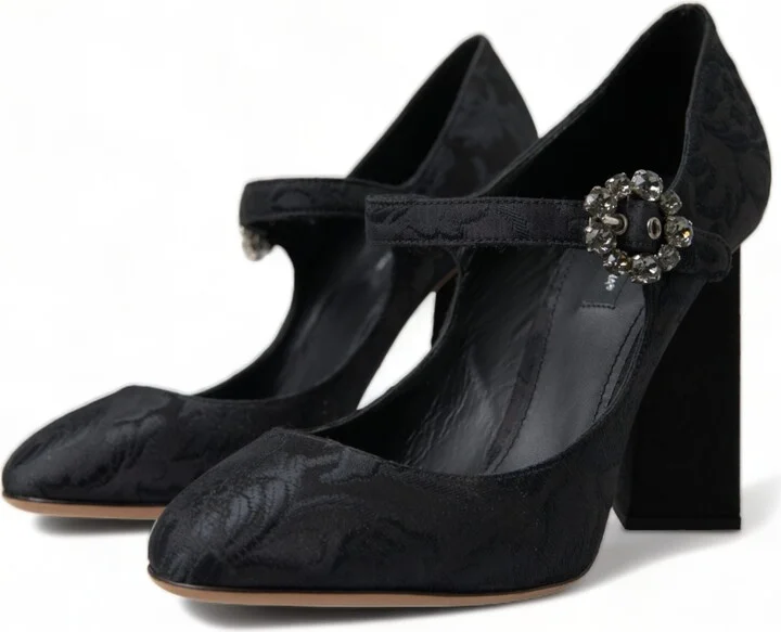 Black Brocade Mary Janes Heels Pumps Women's Shoes - Image 3