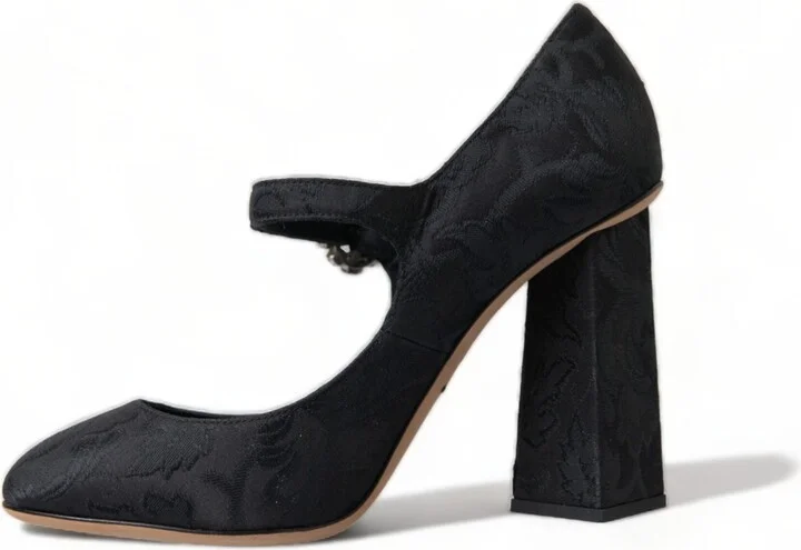 Black Brocade Mary Janes Heels Pumps Women's Shoes - Image 5