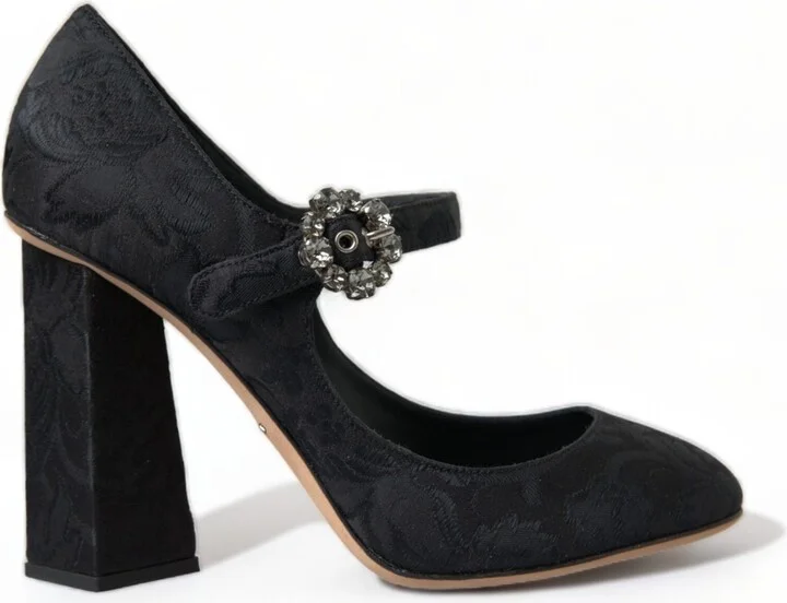 Black Brocade Mary Janes Heels Pumps Women's Shoes