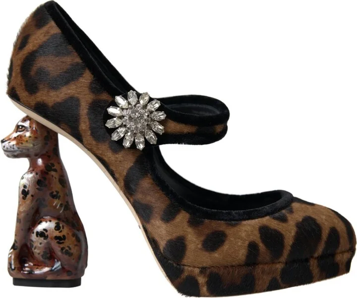 Black Brown Calf Leopard Heel Mary Jane Pump Women's Shoes