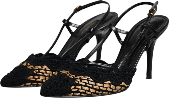 Black Brown Lace High Heels Slingback Women's Shoes (Pre-Owned) - Image 4