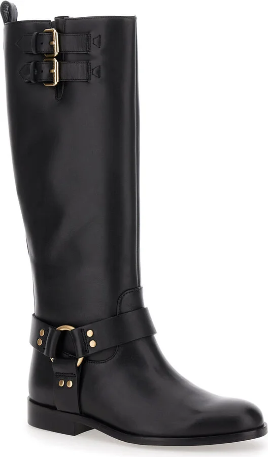 Black Buckle Boots In Leather Woman - Image 2