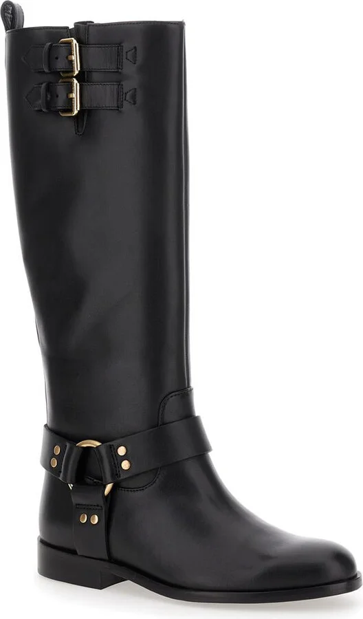 Black Buckle Boots In Leather Woman - Image 2