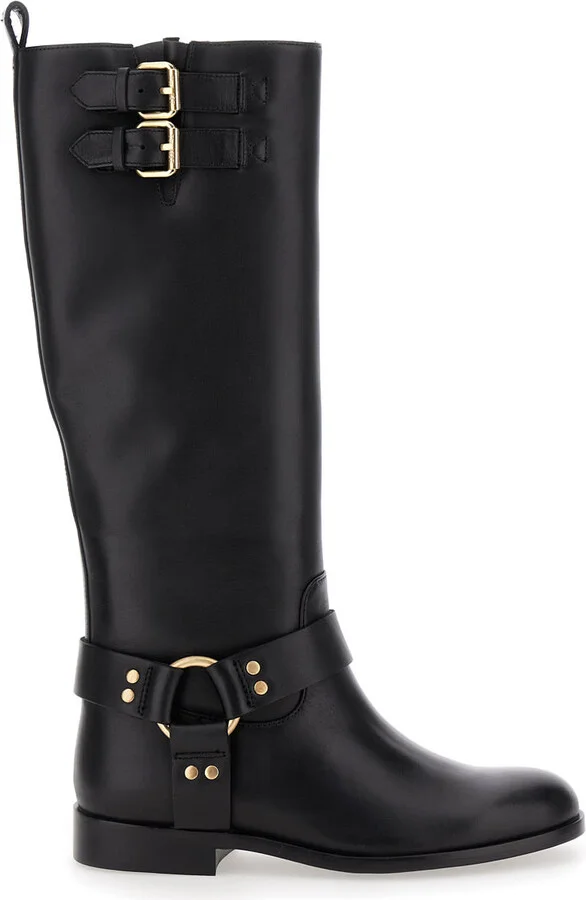 Black Buckle Boots In Leather Woman