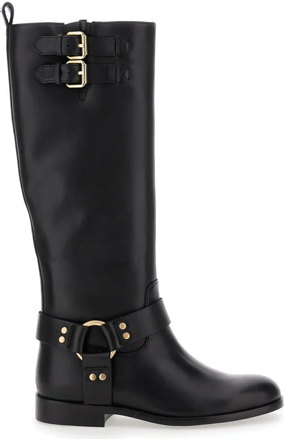 Black Buckle Boots In Leather Woman