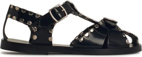 Black Calfskin Leather Sandals With Metal Trim And Buckle Closure