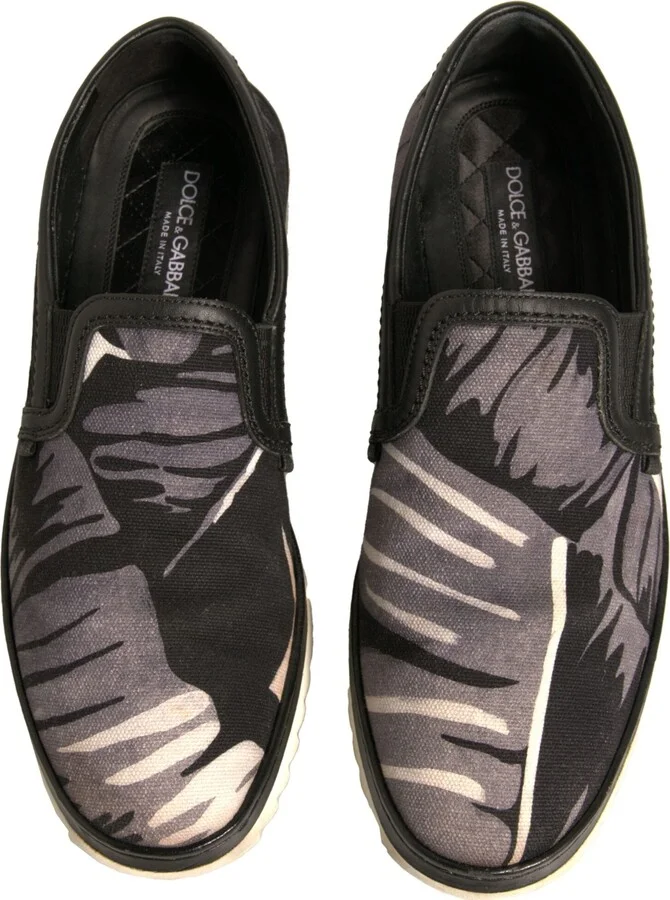Black Canvas Tropical Print Slip On Men's Shoes (Pre-Owned) - Image 3