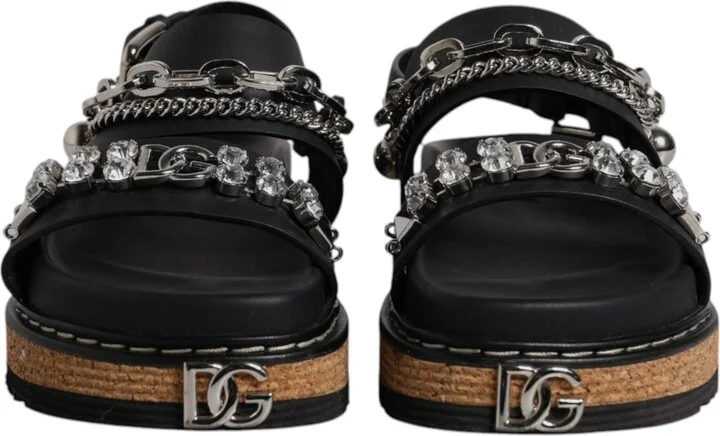Black Crystal Embellish Strap Sandals Women's Shoes (Pre-Owned) - Image 2