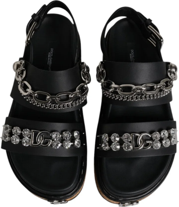 Black Crystal Embellish Strap Sandals Women's Shoes (Pre-Owned) - Image 3