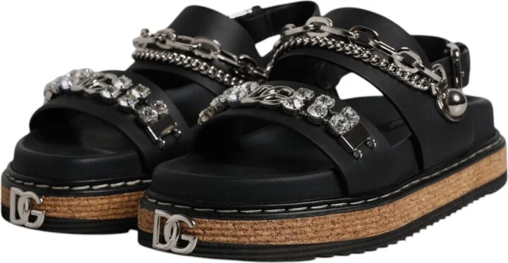 Black Crystal Embellish Strap Sandals Women's Shoes (Pre-Owned) - Image 4