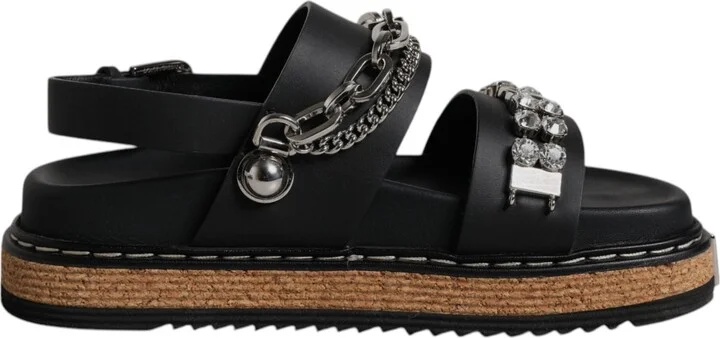 Black Crystal Embellish Strap Sandals Women's Shoes (Pre-Owned)