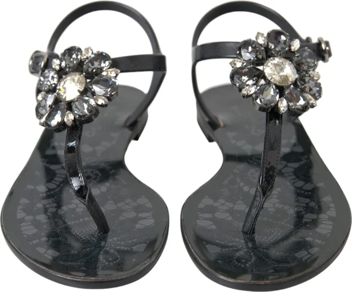 Black Crystal Flats Sandals Flip Flops Women's Shoes - Image 2