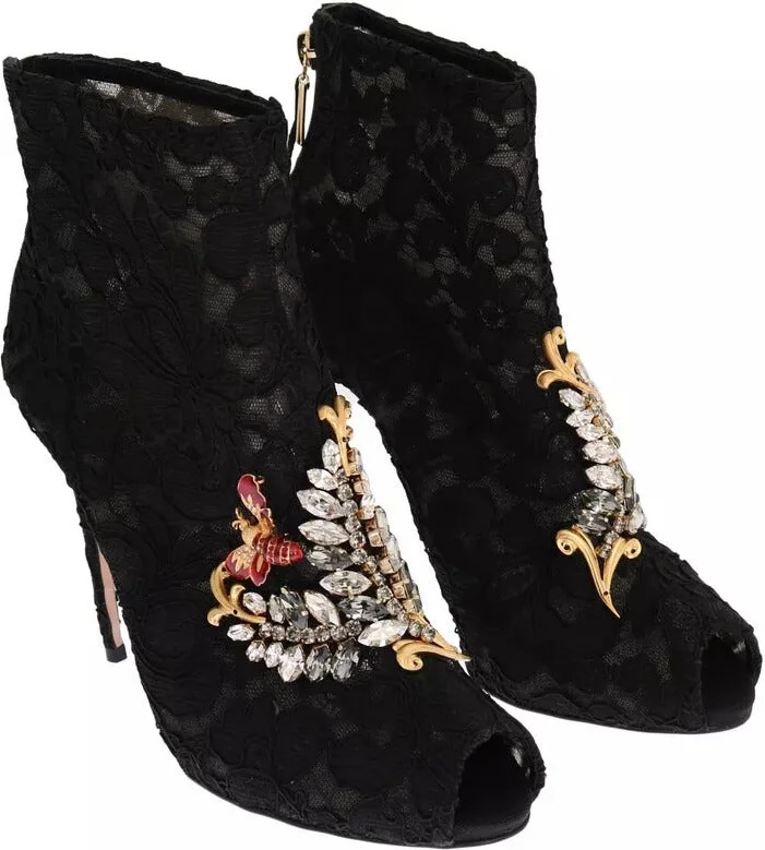 Black Crystal Lace Booties Stilettos Women's Shoes (Pre-Owned) - Image 2