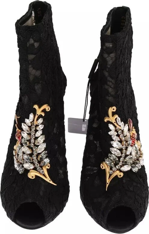 Black Crystal Lace Booties Stilettos Women's Shoes (Pre-Owned) - Image 3
