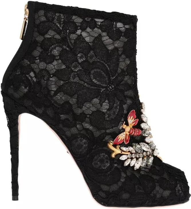 Black Crystal Lace Booties Stilettos Women's Shoes (Pre-Owned)